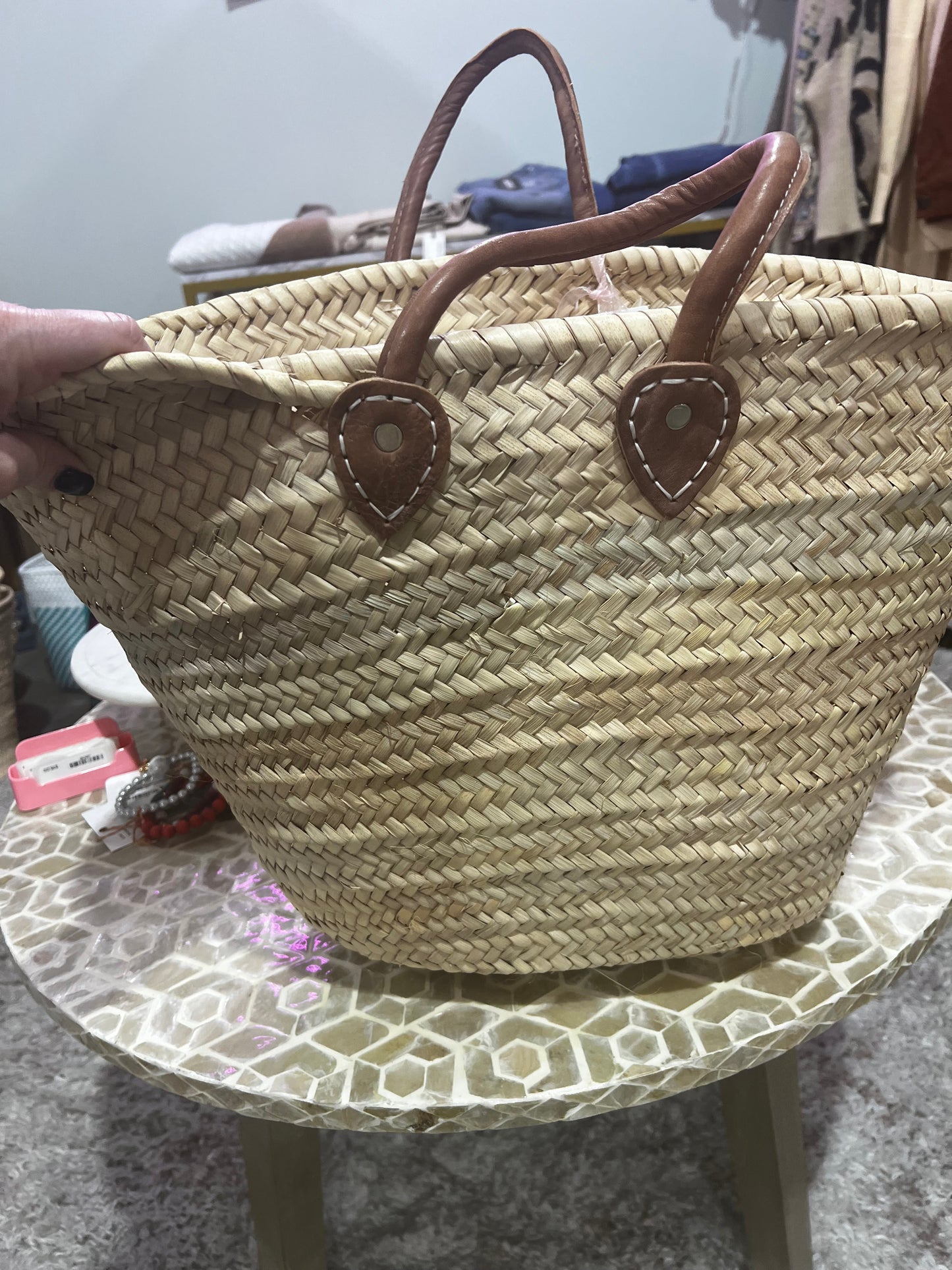 Short Leather Handle Straw Bag